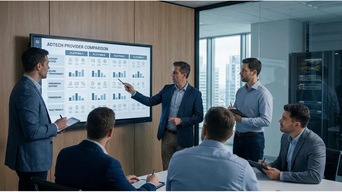 Agency ad account providers comparison dashboard with access and billing checks