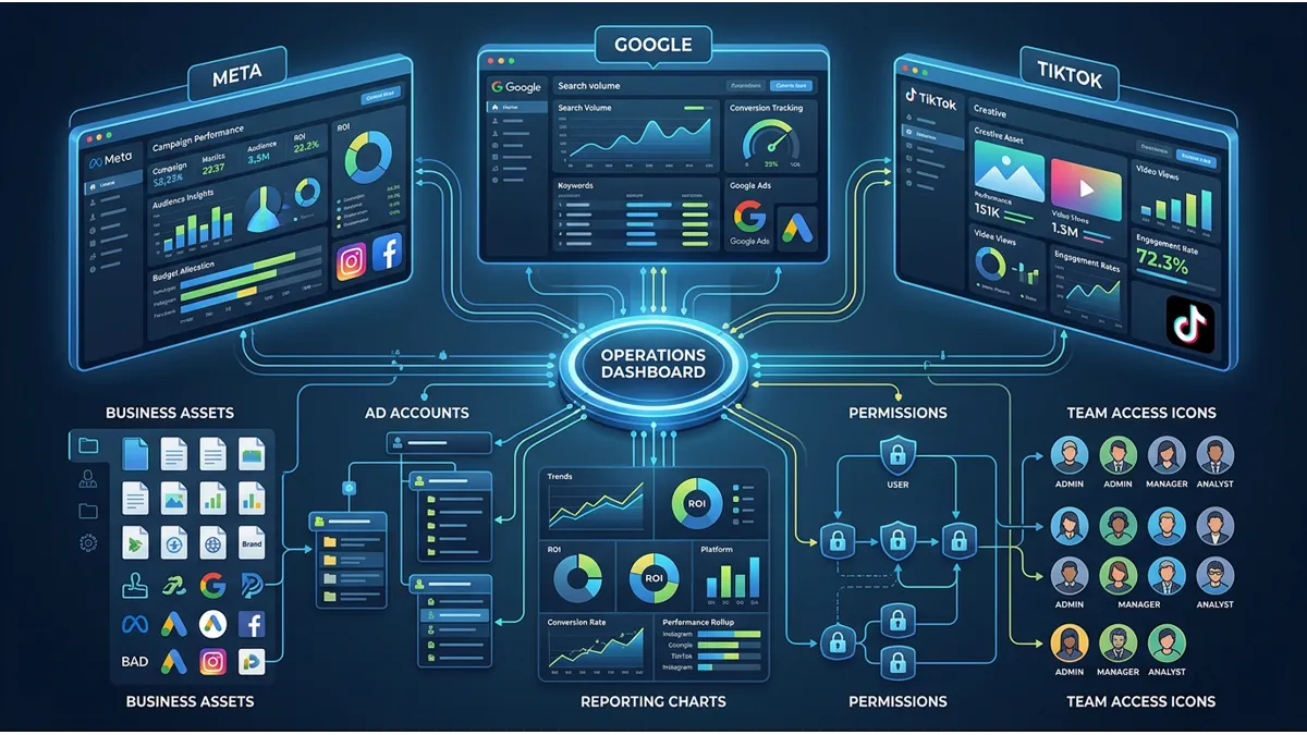 Meta vs Google vs TikTok ad managers shown in a professional dashboard